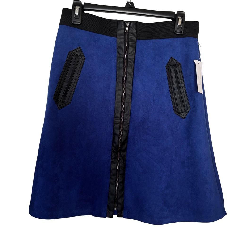 eci New York Women's A-Line Skirt Medium NWT Blue Faux Suede Faux Leather Trim